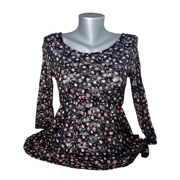 Wet Seal Y2K Black Floral Open Back Blouse See Through Top Whimsygoth Large L - Picture 2 of 9